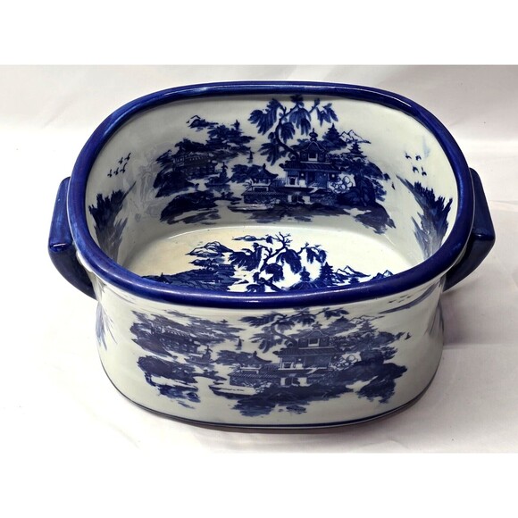 Victorian Ware Ironstone Footbath Planter Jardinière 11" Blue White Vintage - Picture 1 of 5